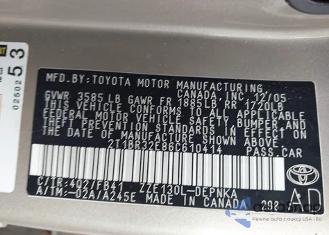 2006 Toyota Corolla Le из США, поврежденный, VIN 2T1BR32E86C610414